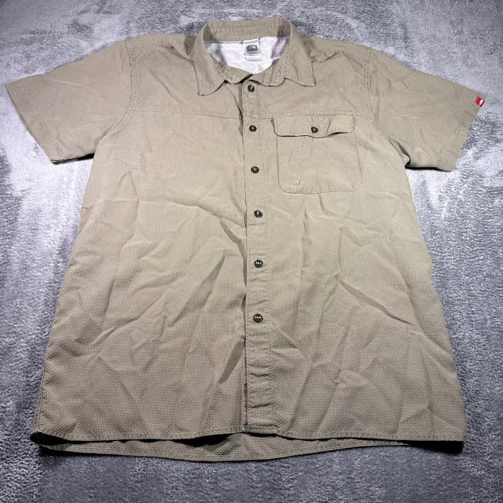 The North Face Mens XL Short Sleeve Button Down Shirt Dark Khaki Grid Hiking
